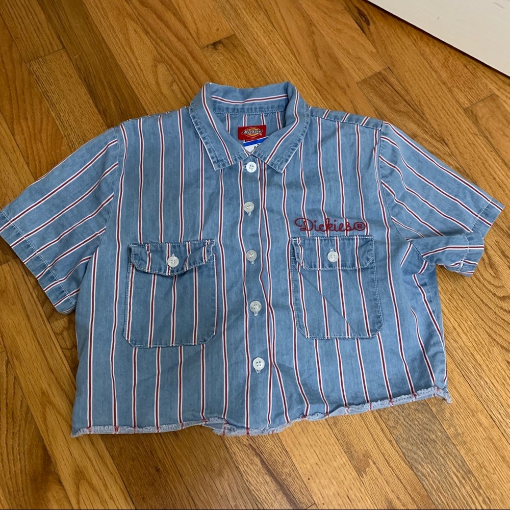 Dickies Crop Top striped Button Up Blouse Collar